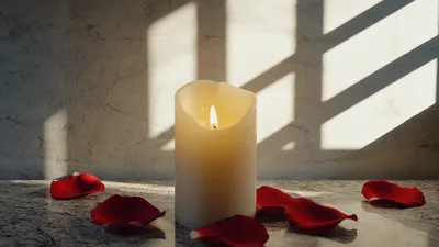 Lit Pillar Candle Surrounded By Red Rose Petals