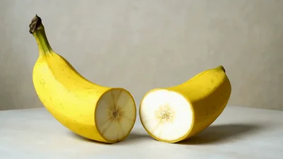 Two Halves Of A Banana Oxidizing On A Table
