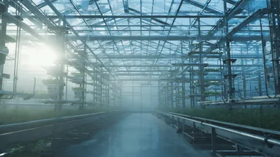 Automated Vertical Farming System Inside A Modern Greenhouse