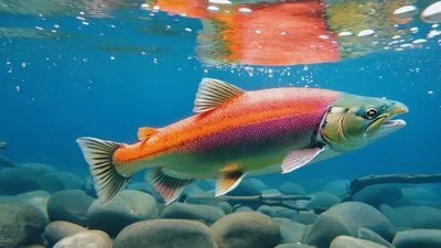 Rainbow Trout Swimming Underwater in Clear River