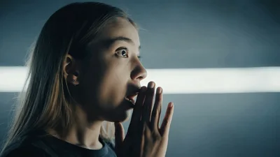 Young Woman Looking Surprised With Hand Over Mouth