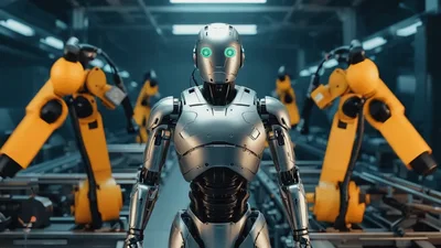 Humanoid Robot Standing In Automated Industrial Factory
