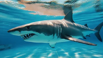 Great White Shark Swimming Inside A Swimming Pool