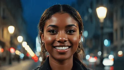 Young Woman Smiling In The Rain At Night