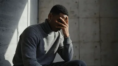 Young Man Sitting And Looking Up From His Hands