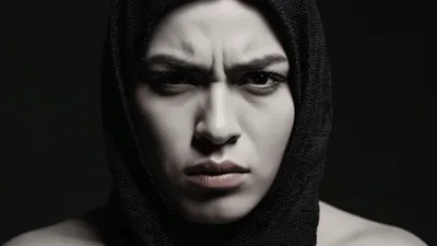 Serious Woman Wearing Black Headscarf Looking At Camera