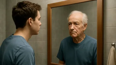 Young Man Looking At His Older Reflection In Mirror