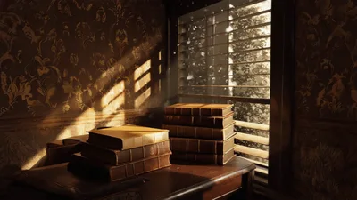 Sunlight Beams Through Window Onto Stacked Vintage Books