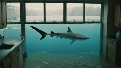 Shark Swimming Outside Flooded Kitchen Window