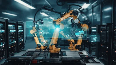 Industrial Robotic Arms Working In A High Tech Server Room