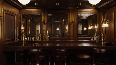 Elegant Dark Wood Bar Interior With Glowing Globe Lights