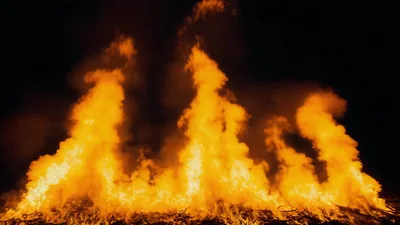 Intense Fire Burning Dry Brush At Night