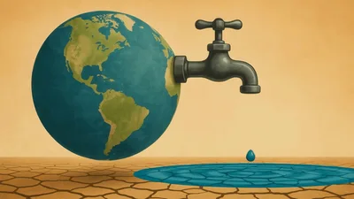 Water Dripping From Earth Globe Onto Cracked Earth