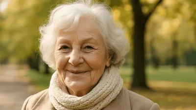 Smiling Elderly Woman Standing In Autumn Park