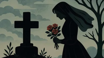 Woman In Black Mourning At A Grave Site