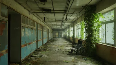 Abandoned Hospital Hallway With Overgrown Plants And Wheelchair