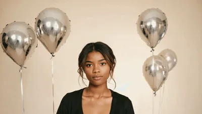Young Woman Posing With Silver Balloons