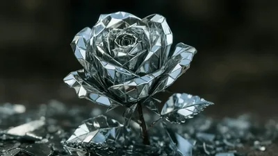 Reflective Geometric Mirror Rose Sculpture On Broken Glass