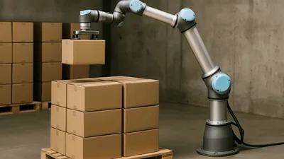 Industrial Robotic Arm Stacking Cardboard Boxes On Pallet