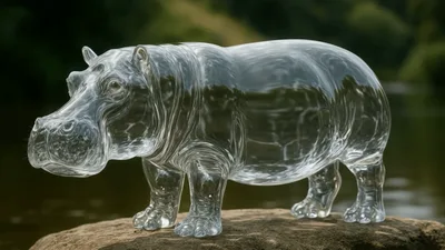 Transparent Glass Hippopotamus Sculpture Standing On A Rock