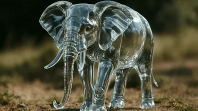 Transparent Glass Elephant Walking Through African Savanna