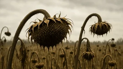 Withered Sunflowers Swaying In A Gloomy Autumn Field