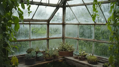 Raindrops Falling On Greenhouse Glass With Potted Succulents
