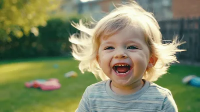 Happy Toddler Laughing Outdoors In The Sunlight