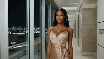 Elegant Woman Standing In A Modern Hotel Hallway