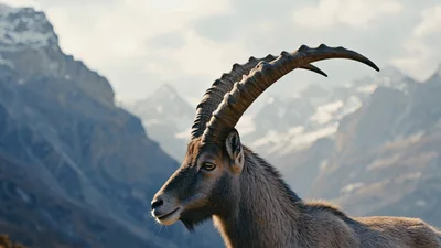 Alpine Ibex Standing Still Against Snowy Mountain Peaks