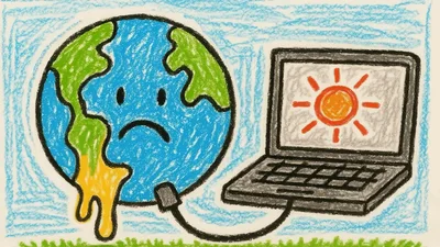 Crayon Drawing Of Melting Earth Connected To Laptop