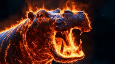 Fiery Hippopotamus Closing Its Mouth In Dark Background