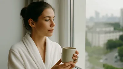 Woman In White Robe Drinking Coffee By The Window
