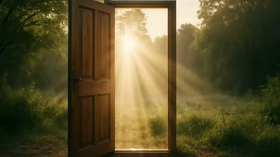 Open Wooden Door Standing In A Sunny Forest
