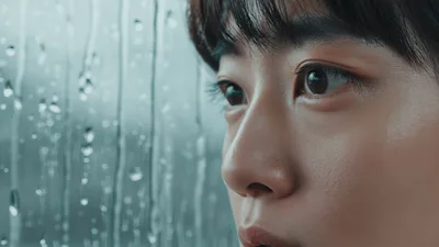 Young Woman Looking Out Rainy Window With Pensive Expression