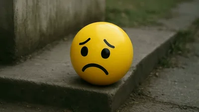 Sad Yellow Emoji Ball Sitting On Concrete Step