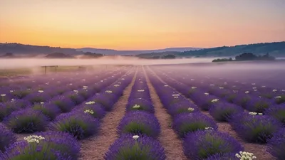 Mist Rolling Over Lavender Fields At Sunrise