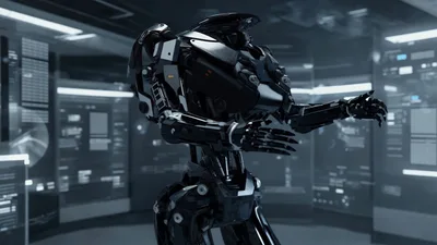 Futuristic Black Android Robot Moving In High Tech Laboratory