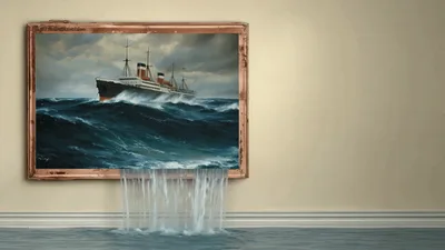 Surreal Painting Of Ship Leaking Water Into Room
