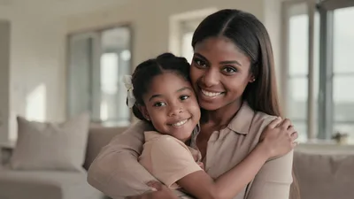 Happy Mother And Daughter Embracing In Living Room