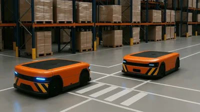 Two Autonomous Warehouse Robots Navigating Industrial Facility