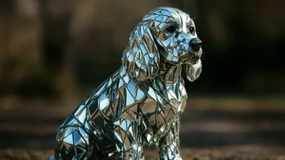 Mirror Mosaic Dog Sculpture Sitting Outdoors