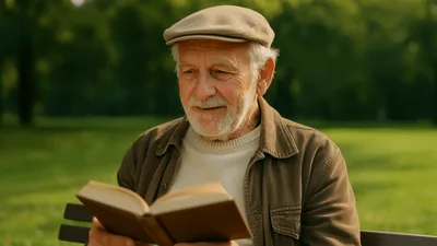 Elderly Man Reading A Book On A Park Bench