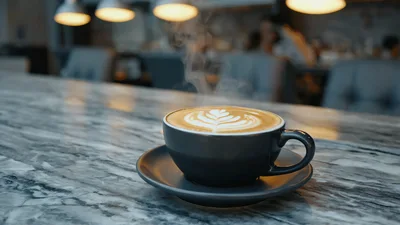 Steaming Latte Coffee Cup On Marble Countertop