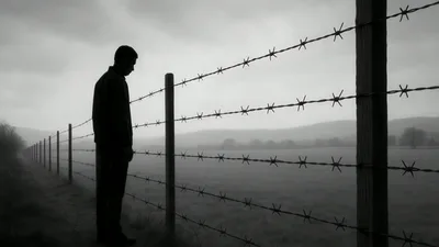Silhouette Of A Man Standing By A Barbed Wire Fence