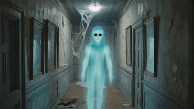 Glowing Alien Entity Floating Down A Dilapidated Hallway