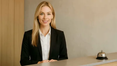 Professional Hotel Receptionist Smiling At Front Desk