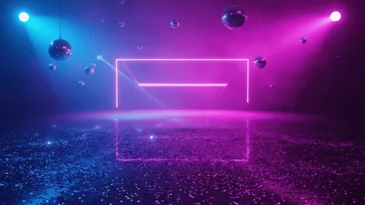 Neon Rectangular Frame With Disco Balls And Confetti
