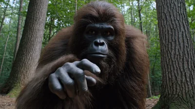 Bigfoot Creature Pointing Finger Directly At Camera In Forest