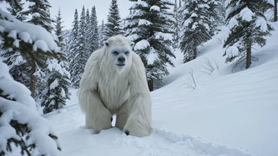 Yeti Walking Through Snowy Forest Towards Camera